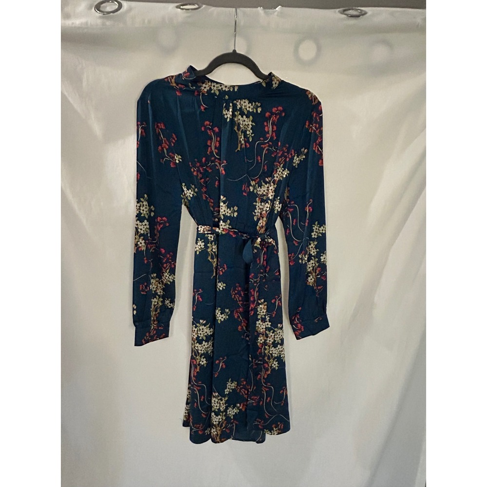 Teal Blue Floral Satin Mock Neck Long Sleeve Dress with Waist Tie Belt